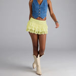 Women Summer Solid Color Mini Skirts Casual ElegantLow Rise Layered Ruffle Lace Skirt for Beach Vacation Club