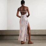 Summer Wavy Stripes Slim Long Dresses Women Sexy Backless Slant Collar Sleeveless Dress Fashion Beach Vacation Style Vestidos