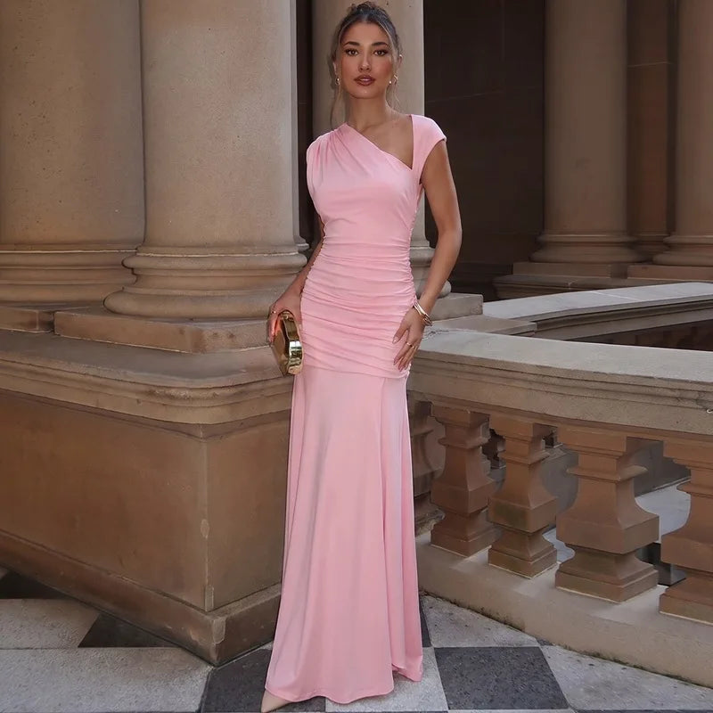 FDYOUI 2026 Summer Diagonal Collar Sleeveless Birthday Dress Women Sexy Tunics Pleated Solid Long Party Dresses Pink Black Gown