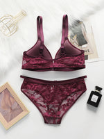 Women Sheer Lace Bra Set Front Hook Closure Wireless V Neck Brassiere Burgundy Floral Lace Underwear Panties Suit Sexy Lingerie