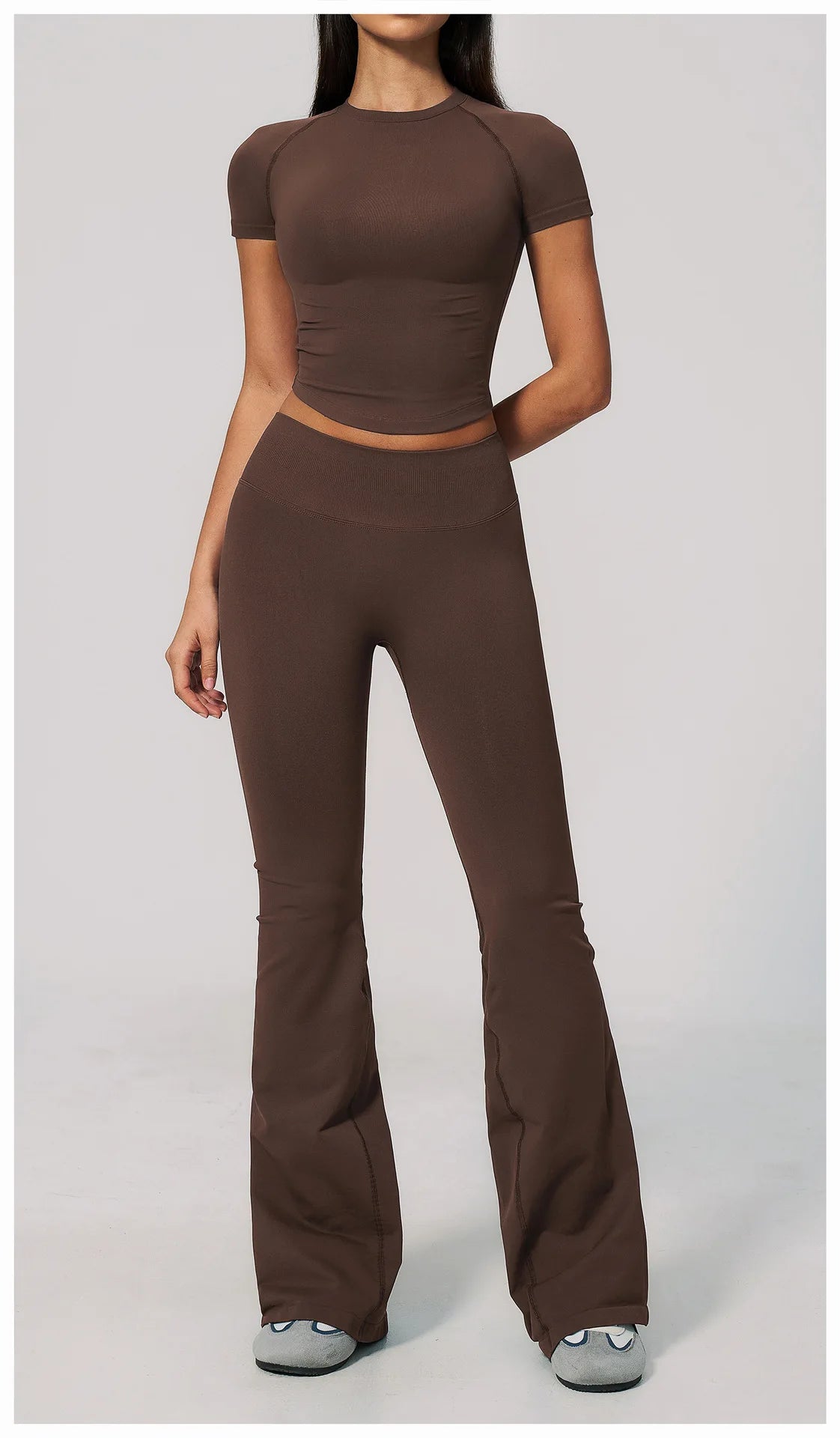 Seamless High Elasticity Yoga Sets Women Short Sleeve O Neck Sports T Shirts Workout Outfits Running Wide Leg Pants Fitness Suit