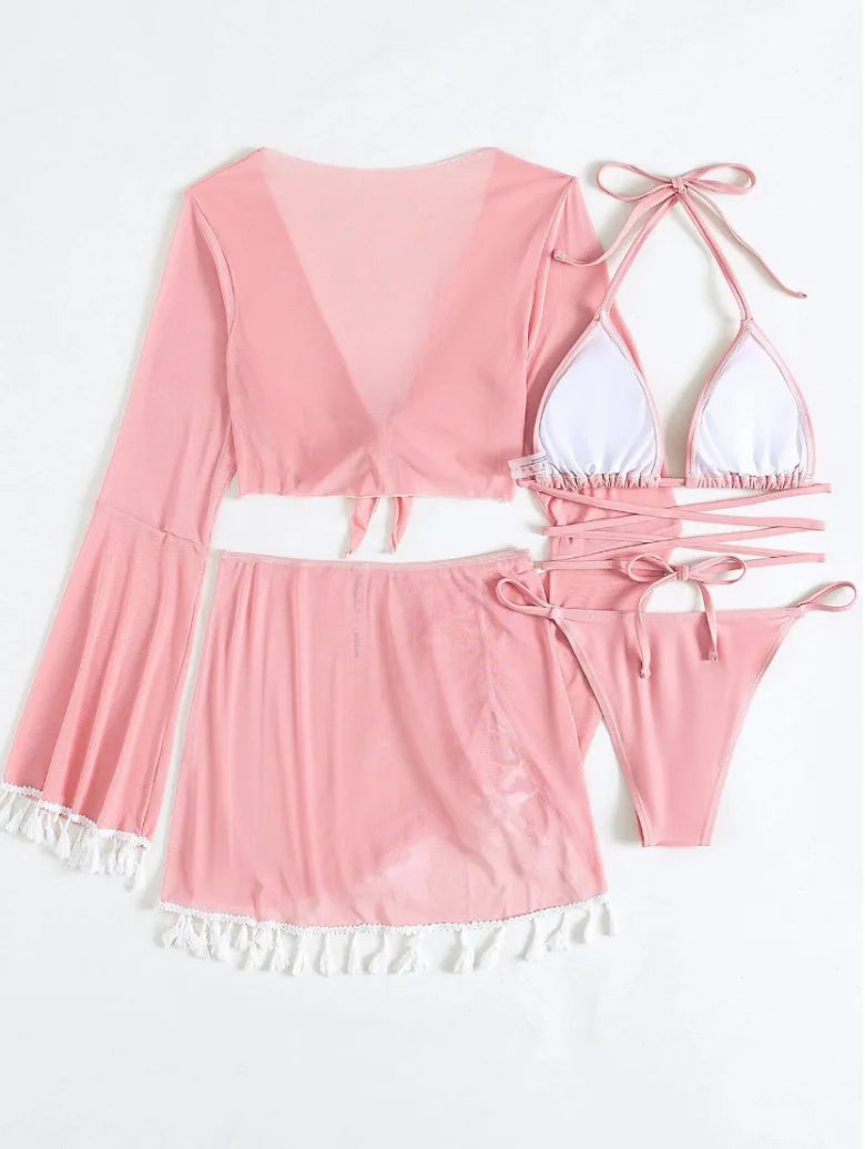 Sexy 4pcs Boho Tassels Trim Bikinis Sets Ladies Padded Bikini Set +cover Up Tops Skirts Beachwear Bathing Suit Biquini Monokini