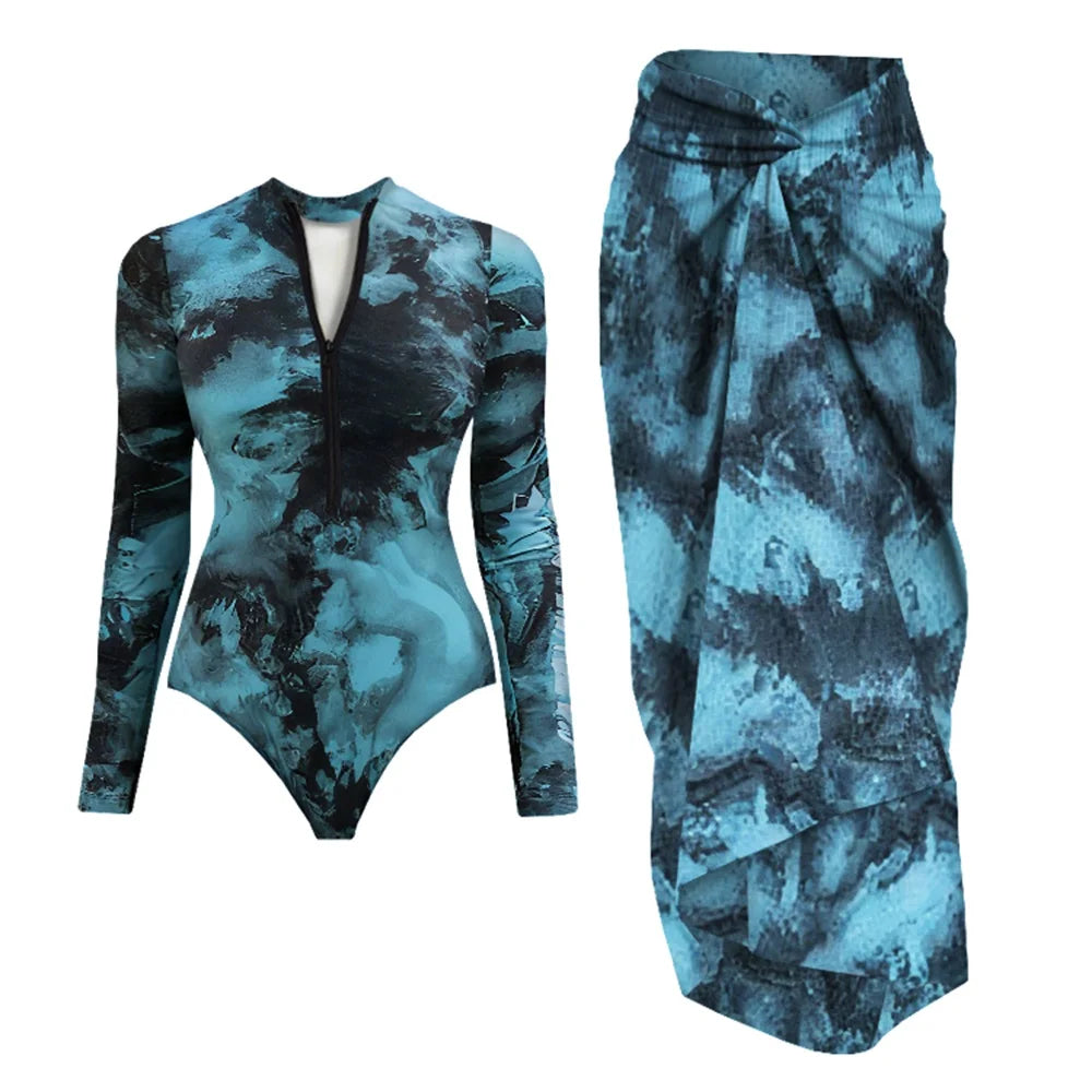 Black And Printed Long Sleeve Swimsuit With Cover Up Sexy Swimwear Women Surf Swim Suit Slimming Bathingsuit Bodysuit Beachwear