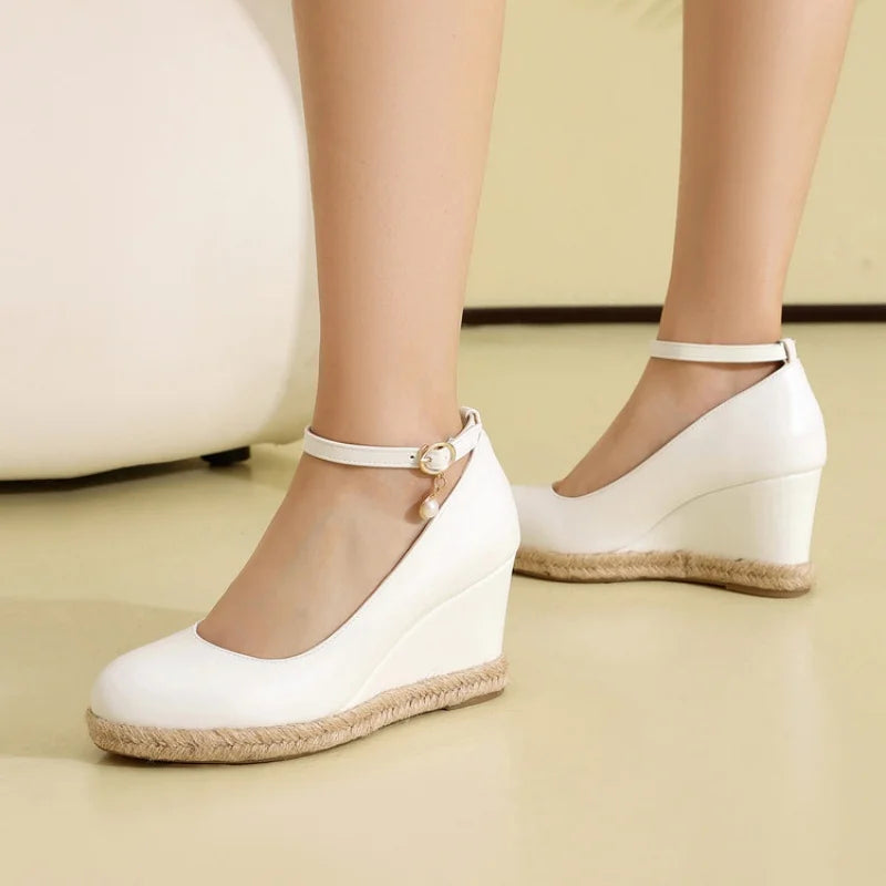 Concise Classic Women Ankle Strap Pumps 2026 Autumn Spring Shoes Wedge High Heels Beads Silver White Plus Size Daily 43