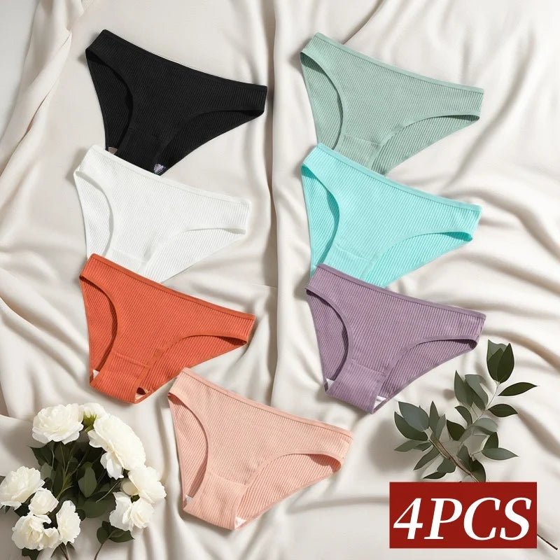 4Pcs/Set Cotton Panties For Women Low Rise Underwear Breathable Briefs Solid Color Sports Underpants Female Lingerie