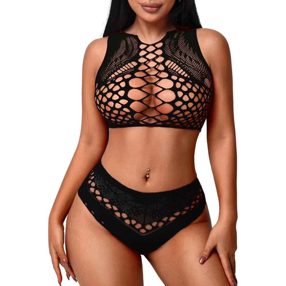 Fishnet Lingerie 2 Piece Set Hollow Out Sleeveless Crop Top And High Waist Panty Cut‑out Mesh Intimate Sleepwear Dating Outfits