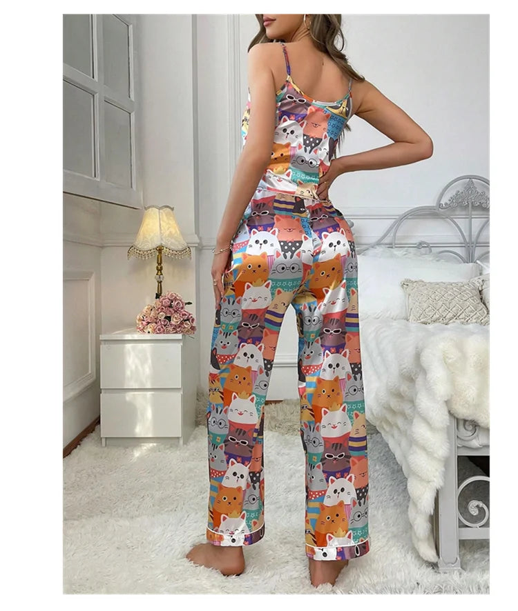 Pajama For Women Home Clothes Summer Satin Sleepwear Pj Set Sexy V Neck Cami Tops with Comfortable Elastic Pants Pyjama 2 Piece