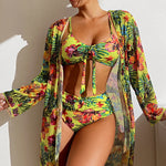 Sexy High Waisted Bikini 3 Pieces Floral Printed Swimsuit Size 3XL-S Women Bikini Set With Mesh Long-Sleeved Blouse Super Sales