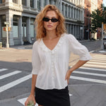 Women's Summer Blouse Solid Color Ruffle Flounce V Neck Short Sleeve Button Down Tops Casual Loose Shirts
