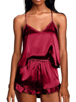 2 Piece Sets Women Nightwear Solid Color Sleeveless Camisole Tops + Ruffle Shorts Sets Summer Pajama Set Loungewear