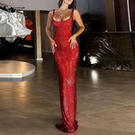 Women Prom Dress Sequin Low-cut Sleeveless Floor Length Evening Dress Solid Color Party Banquet Wedding Sheath Dress