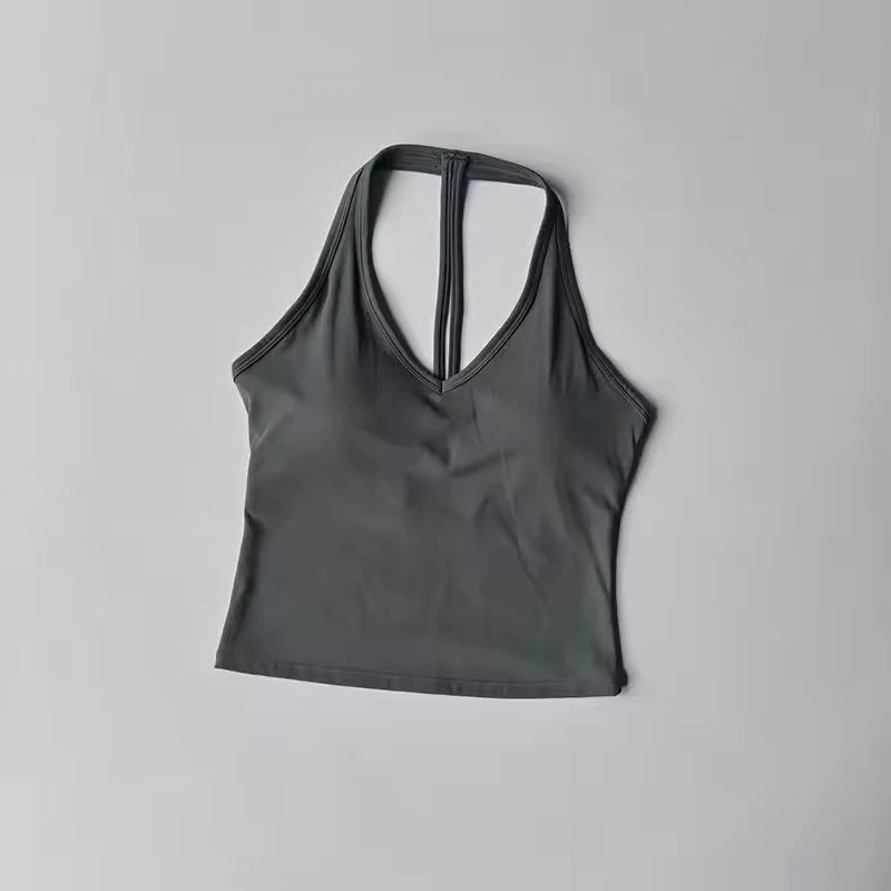 Women's Sexy V-Neck Fitness Bra Nude Sports Bra Hanging Neck Yoga Suit Vest Comfortable Breathable Gym Top for Active Wear