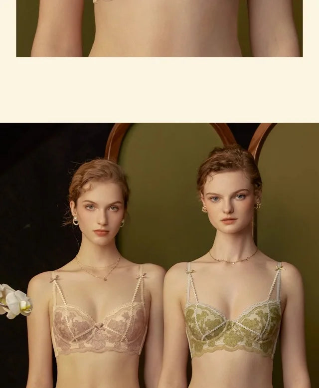 Antique French Lace Underwire Bra | Retro Petite Deep V Plunge Set | Summer Non-Padded Lingerie | Sexy Bridal Push Up Effect