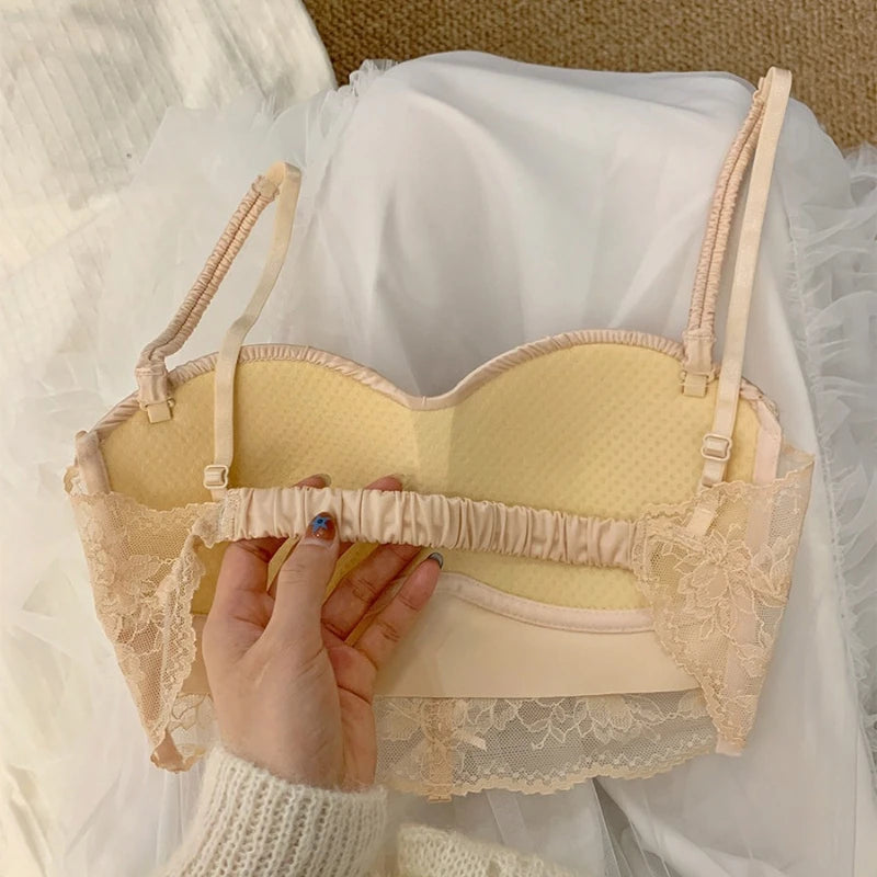 Elegant Luxury Lace Satin Bra for Petite Small Bust Women Sexy Gathered Back Design Push Up Comfort Soft Intimate Lingerie