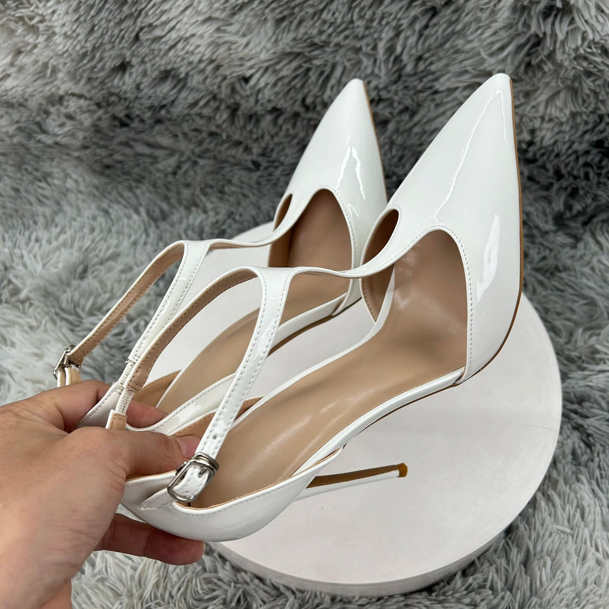 Bright white Cover Pointed Toe Sexy Woman Shoes Thin Super High Heel T-strap Grace Lady Pumps Breathable Summer Shallow Slip-on