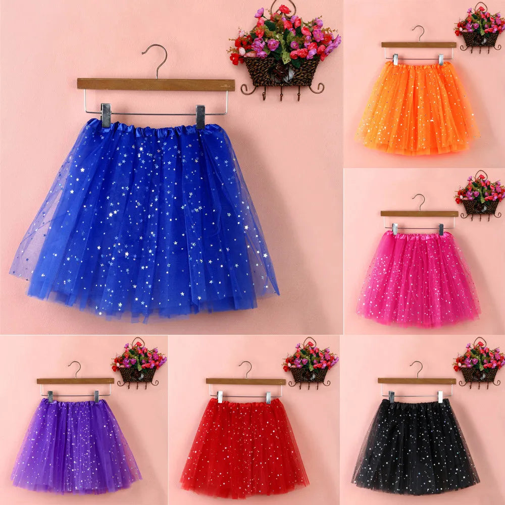 Womens Summer New Tulle Tutu Skirt Elastic Waist Silver Star Print Layered Mesh Mini Skirt Fluffy Carnival Party Dance Skirts
