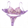Women Purple Floral Embroidery Lace Lingerie Set Satin Sheer Mesh Bra Thong 2‑Pieces Intimate Underwear ZA825246