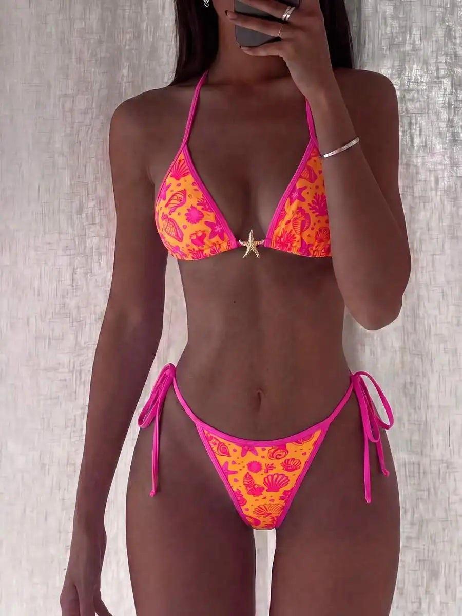 Womens Green Yellow Brazil Print Halter Tie Side Bikini Set For Beach Pool Vacation