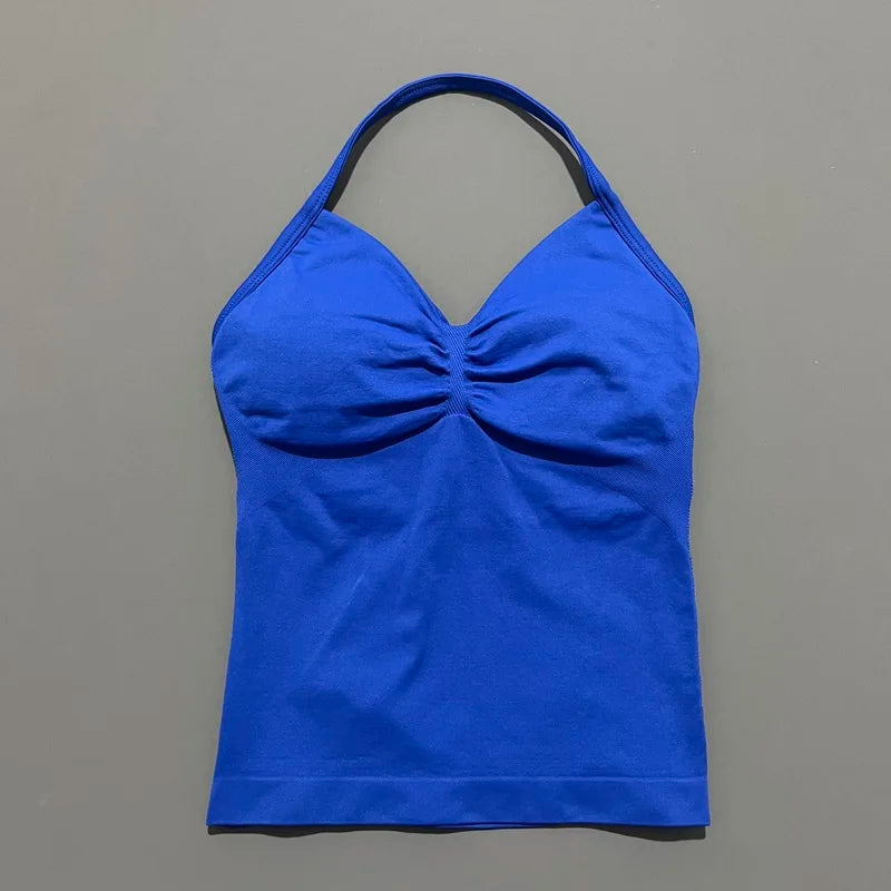 HISTELLO GYM Longline Strappy Top Women Seamless Yoga Clothing With Removable Pads V Neck Open Back Bra Workout Sports Halter