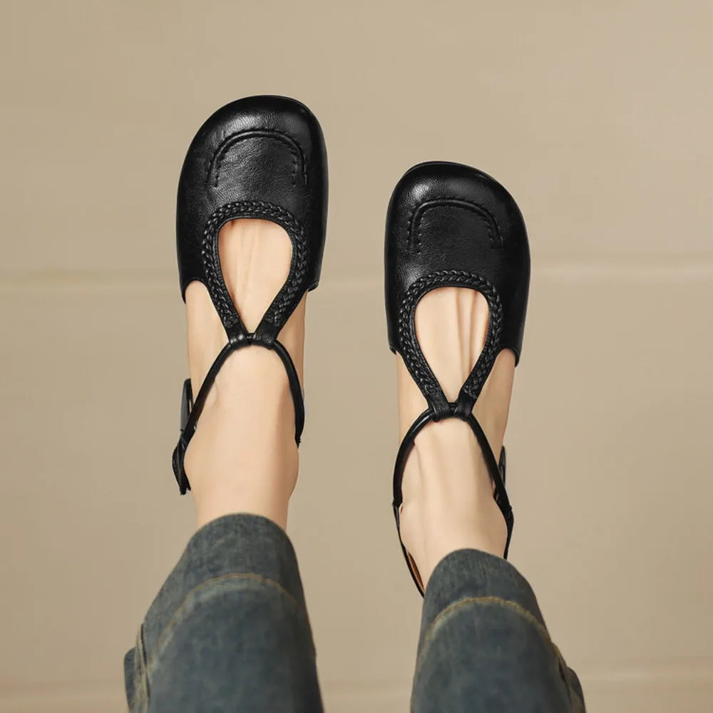 Women's T-Strap Shallow Flat Sandals Soft Leather Rome French Slip-on Single Shoes Retro Round Toe Shoes for Women Summer 32-43