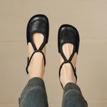 Women's T-Strap Shallow Flat Sandals Soft Leather Rome French Slip-on Single Shoes Retro Round Toe Shoes for Women Summer 32-43