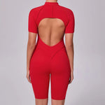Summer Zipper Short Sleeve Yoga Jumpsuit Women Outerwear Sports Fitness Hip-lifting Backless One-piece Workout Gym Tracksutis