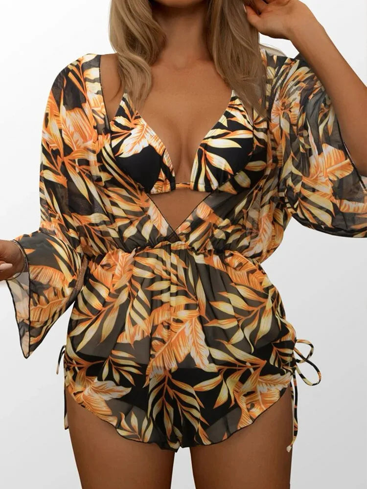 New Summer Women Geometric Print 3 Pieces Swimsuit Drawstring Mesh Bodysuit+Micro Bikini Swimwear Push Up Bathing Suit Beachwear