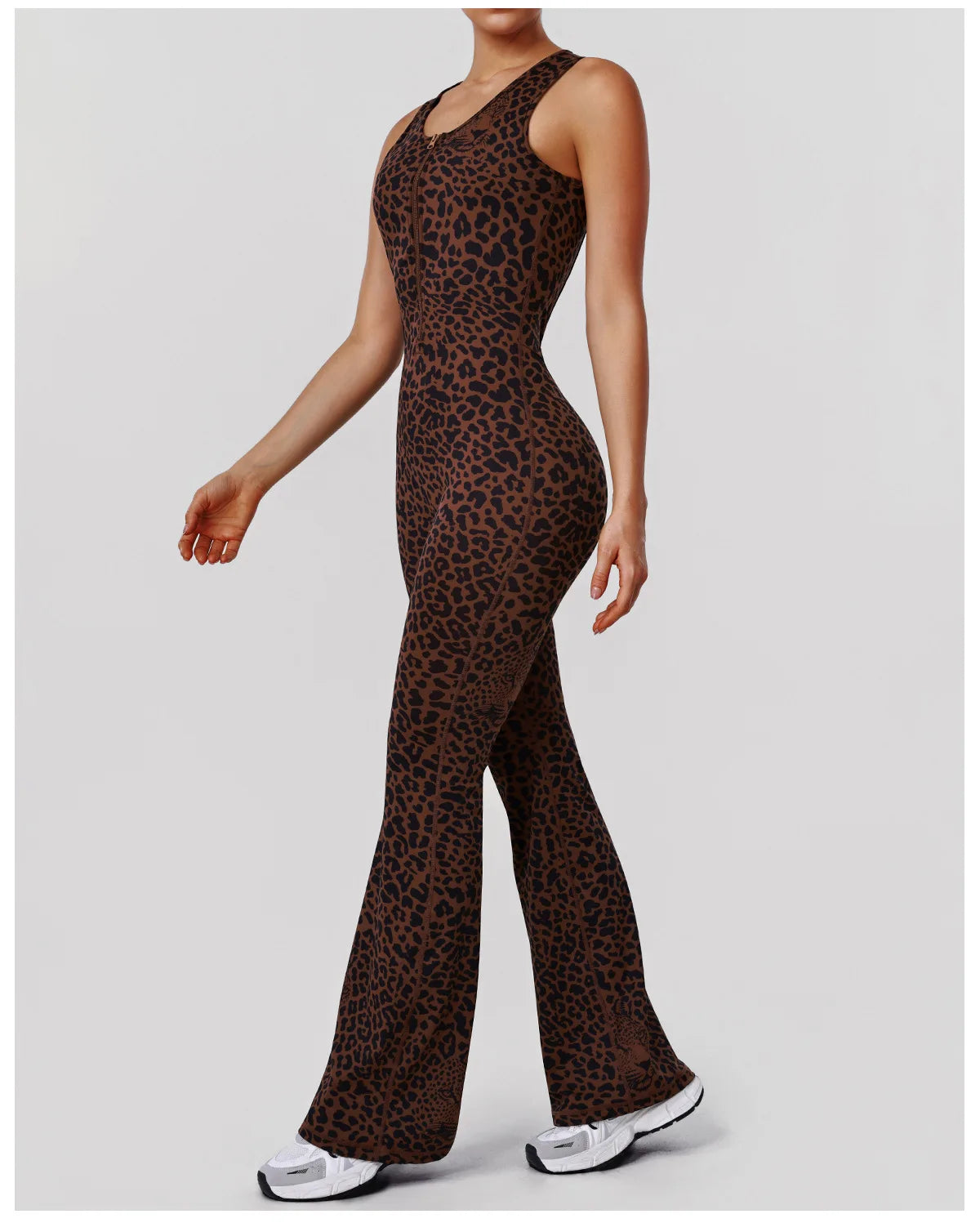 Sexy Brown Leopard Print Yoga Jumpsuit Women Hollow Out Backless Sleeveless Slim Gym Running One Piece Flare Pants Sports Suit