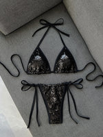 Shiny Sequin Blue Bikini Set 2026 Women Sexy Halter Push Up Bra Bandage Thong Swimsuit Beach Bathing Suit Hoiday Micro Swimwear