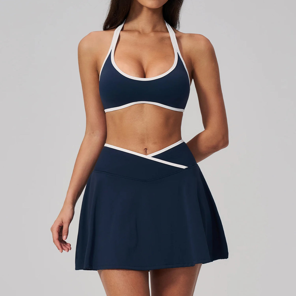 Summer New Outdoor Breathable Yoga Sets Women Color Block Shockproof Sports Bra Tennis Pleate Skirt Gym Workout Fitness Suits