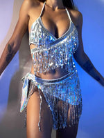 DEKABrazilian Silver Sequin Tassel Bikini Set Women's Halter Fringes Bra Shorts Nightclub Swimsuit Dance Stage Outfit Swimwear