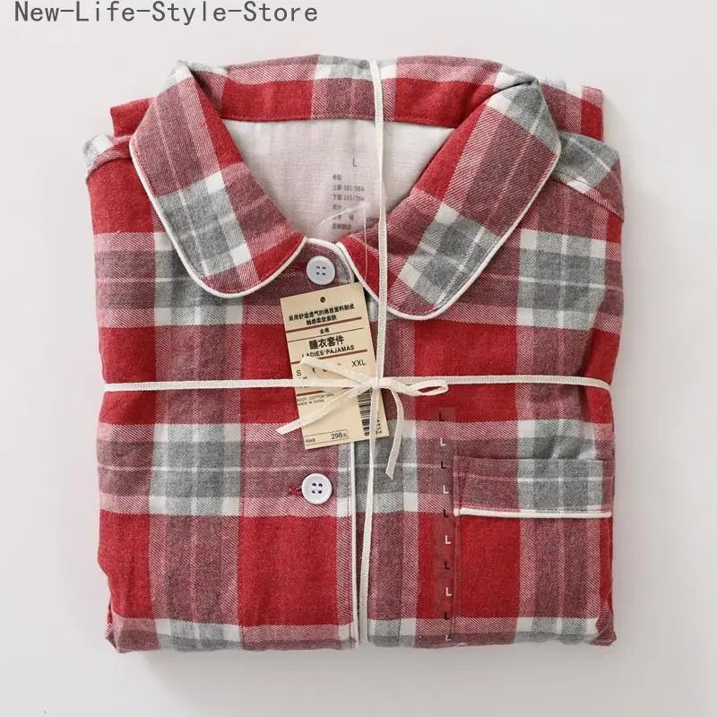 Men Brushed Cotton Vintage Plaid Stripe Pajama Set Lapel Collar Long Sleeve Top Pants Home Sleepwear Loungewear