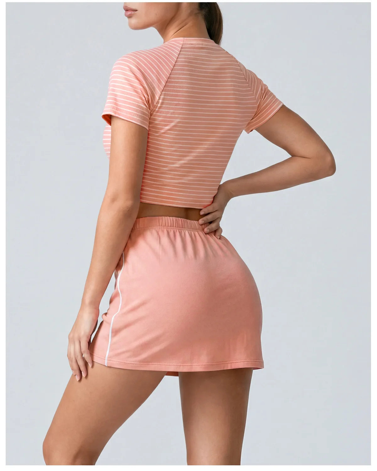 Women's Yoga Outfit Set Black Stripe Tennis Skirt Workout Clothes Short Sleeve O Neck Sports T Shirts Mini Skorts Fitness Sets