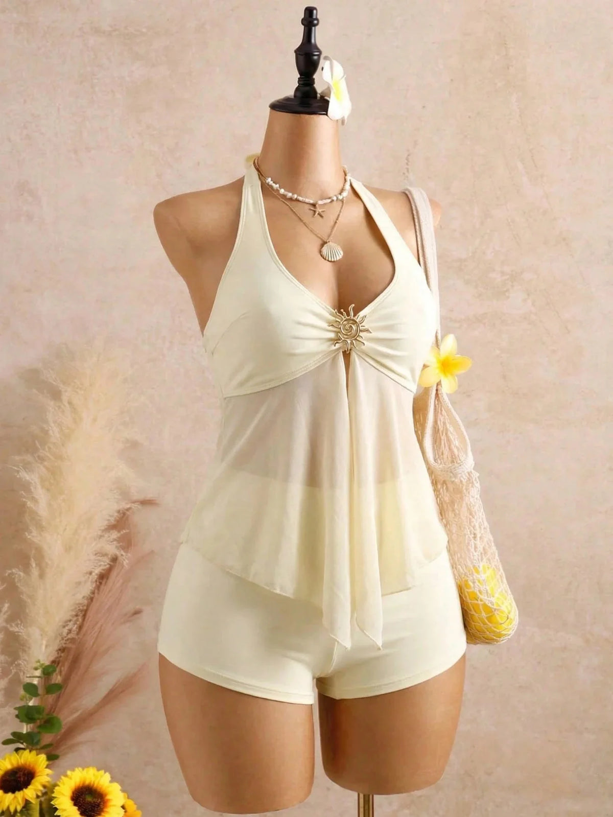 Sexy Beige Two Piece Bikini Set 2026 Women Metal Sun Ornament Mesh Tank Top High Waist Swimsuit Holiday Bathing Suit Swimwear