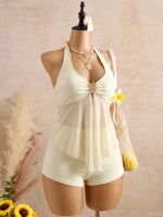 Sexy Beige Two Piece Bikini Set 2026 Women Metal Sun Ornament Mesh Tank Top High Waist Swimsuit Holiday Bathing Suit Swimwear
