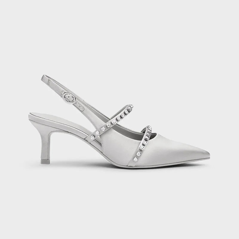 Elegant Pointed Toe Silver Nude Black Satin Slingback Pumps Sexy Thin Stiletto High Heel Wedding Bridal Date Party Summer Shoes