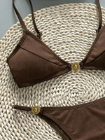Sexy Coffee Bikini Set Women Pearls Metal Chain Pleate Push Up Bra Thong Swimsuit 2026 Summer Bathing Suit Backless Swimwear