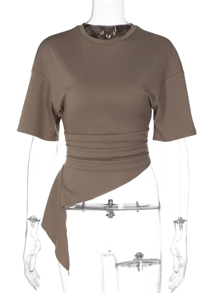 FDYOUI Women O-neck Short Sleeve Solid T-shirts 2026 Summer Chic Ruched Bandage Corset T-shirt Female Tunics Irregular Crop Tops