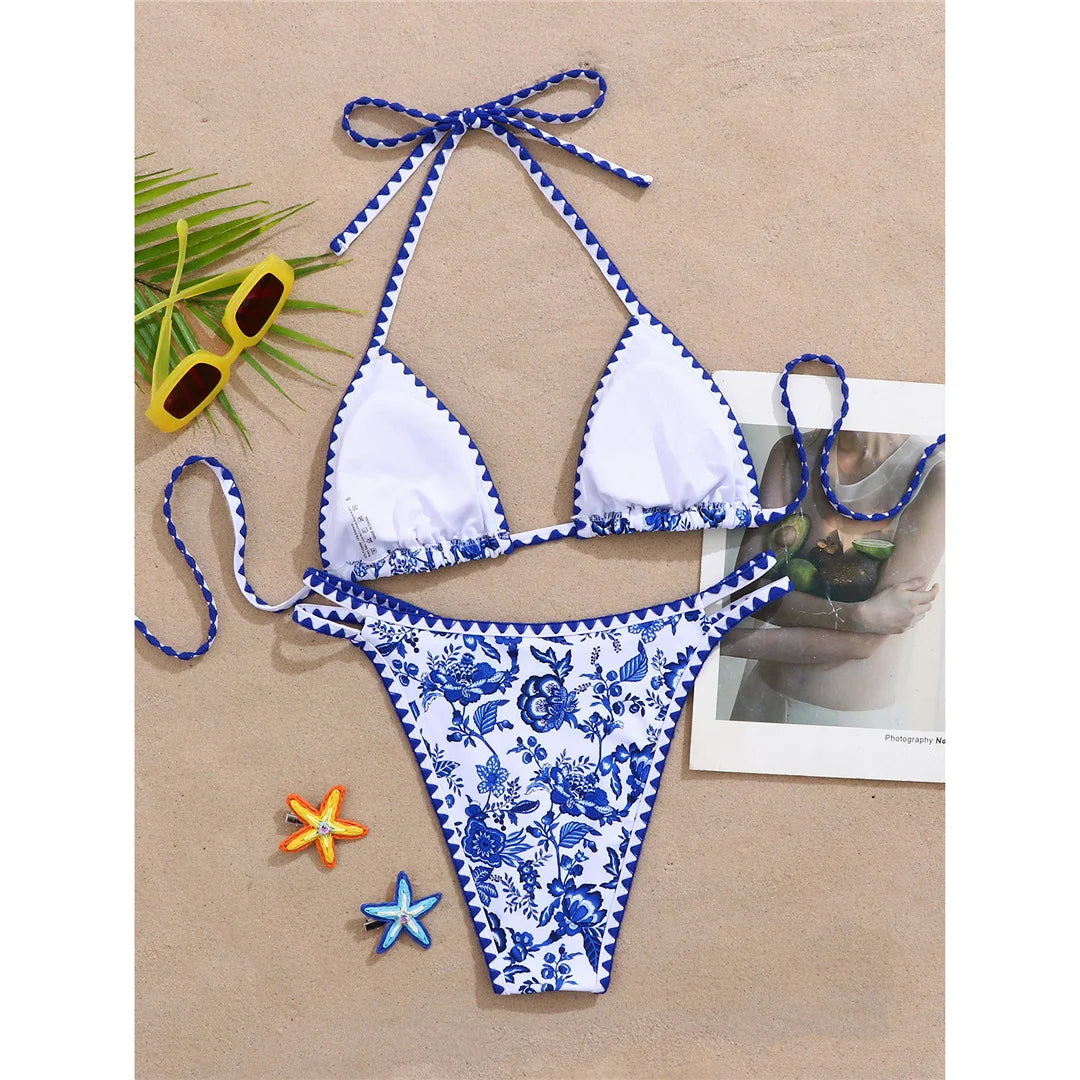 Sexy Flower Printed Halter Bikini Women Swimwear Female Swimsuit Two-Pieces Bikini Set Brazilian Bather Bathing Suit Swim V8203