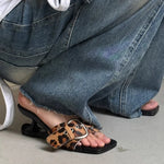 Women's Vintage y2k Leopard Slide Mules Sandals Unique Curved Hollow Sculpted Wedge Heel Slip On Designer Heels Shoes Size 43