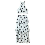 White Polka Dot Two Piece Set For Women Halter Crop Top And Tiered Maxi Skirt Elegant Summer Party Outfit Pure Desire Charm FSW7
