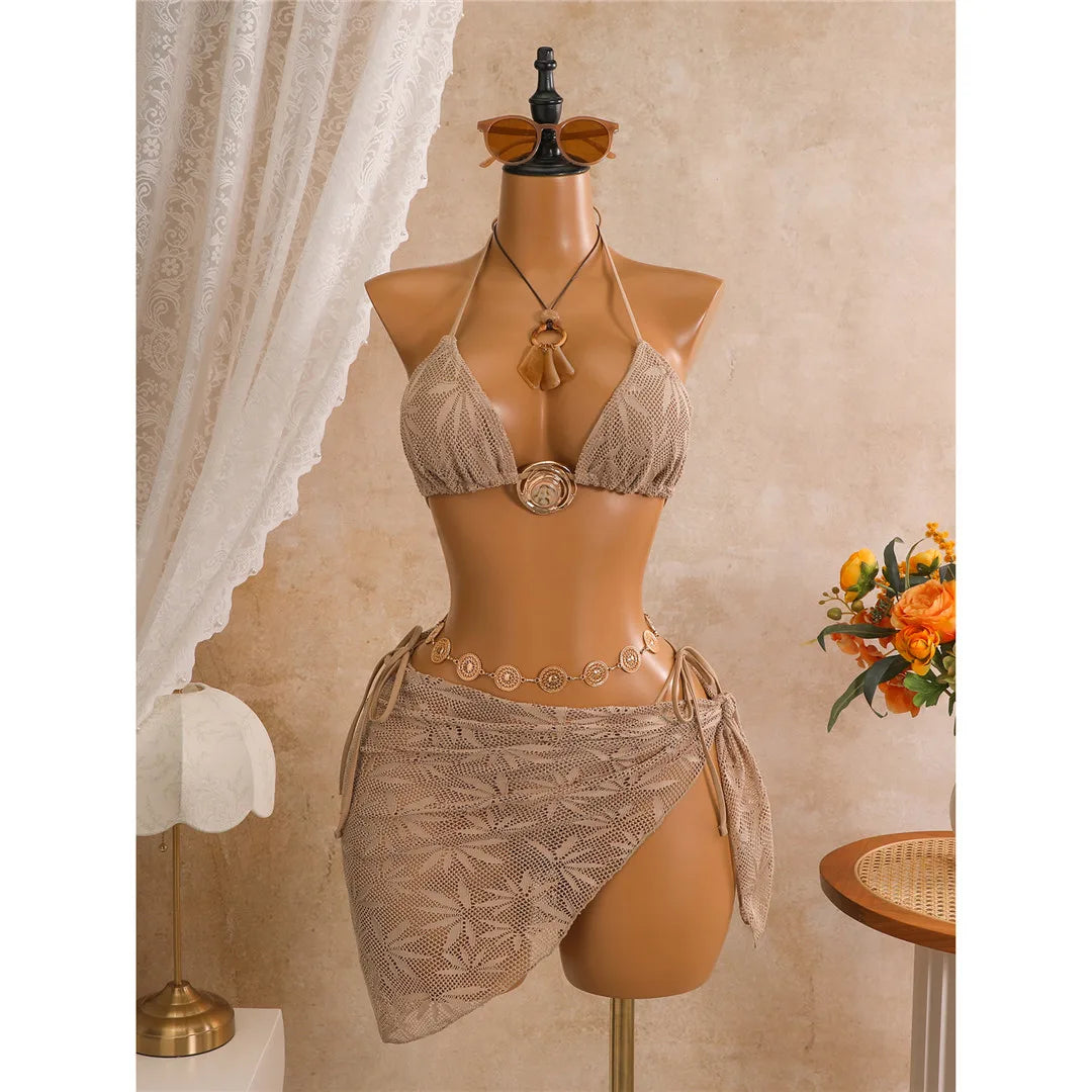 New Leaves Printed Halter Bikini Suit Female Swimsuit Women Swimwear Bather Bathing Suit Swim Three-Pieces Bikini Set