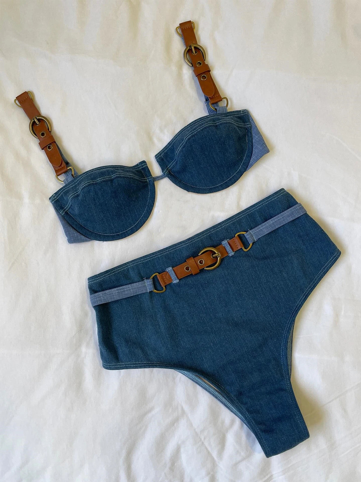 2025 Denim Bikini Set Cowgirl Style with Leather Straps Metal Buckles Perfect for Pool Parties Summer Getaways Poolside Glamour