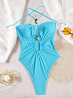2026 Summer Women's One-piece Suit Swimwear Sexy Hollow Out Neck Lace-up Bodysuit Beachwear High Waist Push Up Bathing Suits