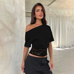 FDYOUI Sexy Chic Diagonal Collar Lace Patchwork T-shirts 2026 Women Short Sleeve Irregular Cropped T Shirt Lady Tunics Tops Tees