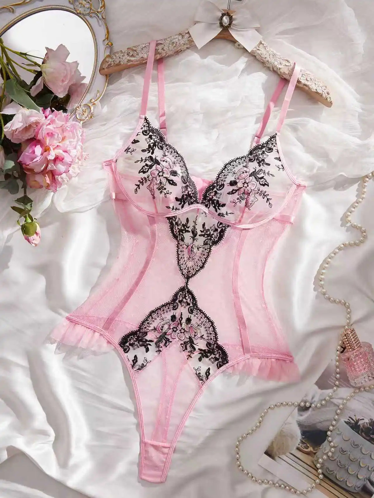 Pink Lace Embroidery Jumpsuit with Black Floral Lace Paneling High-Waist Triangle Pant Design Romantic French Sexy Underwear