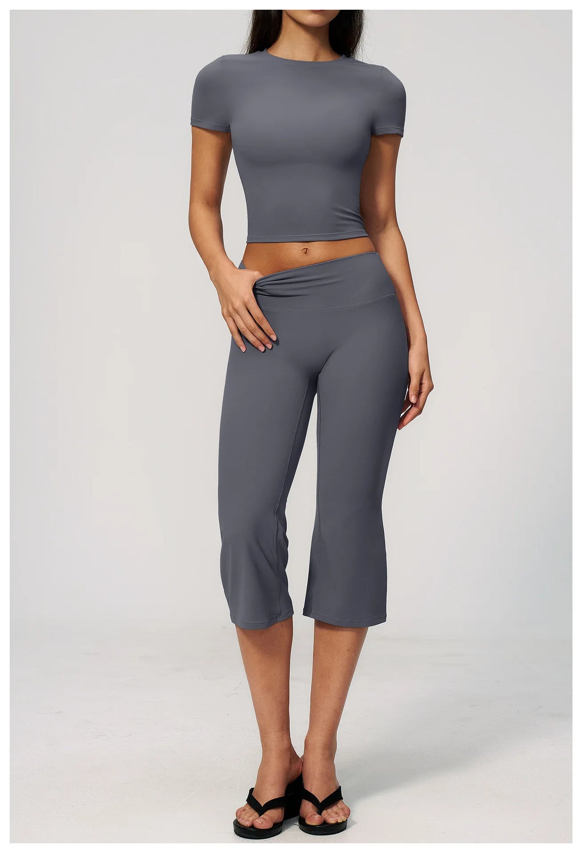 Yoga Set for Women High Waist Hip Lifting Tight Mid Pants Fitness Suit Short Sleeve O Neck Slimming Sports T Shirt Athletic Wear
