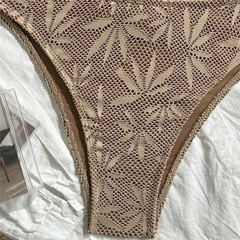 Brown Leaf Fishing Net Bandeau Bikinis Sets Front Hollow Out Sexy Swimsuit Woman 2026 Bead Swimwear Bathing Suit Bikini De Mujer