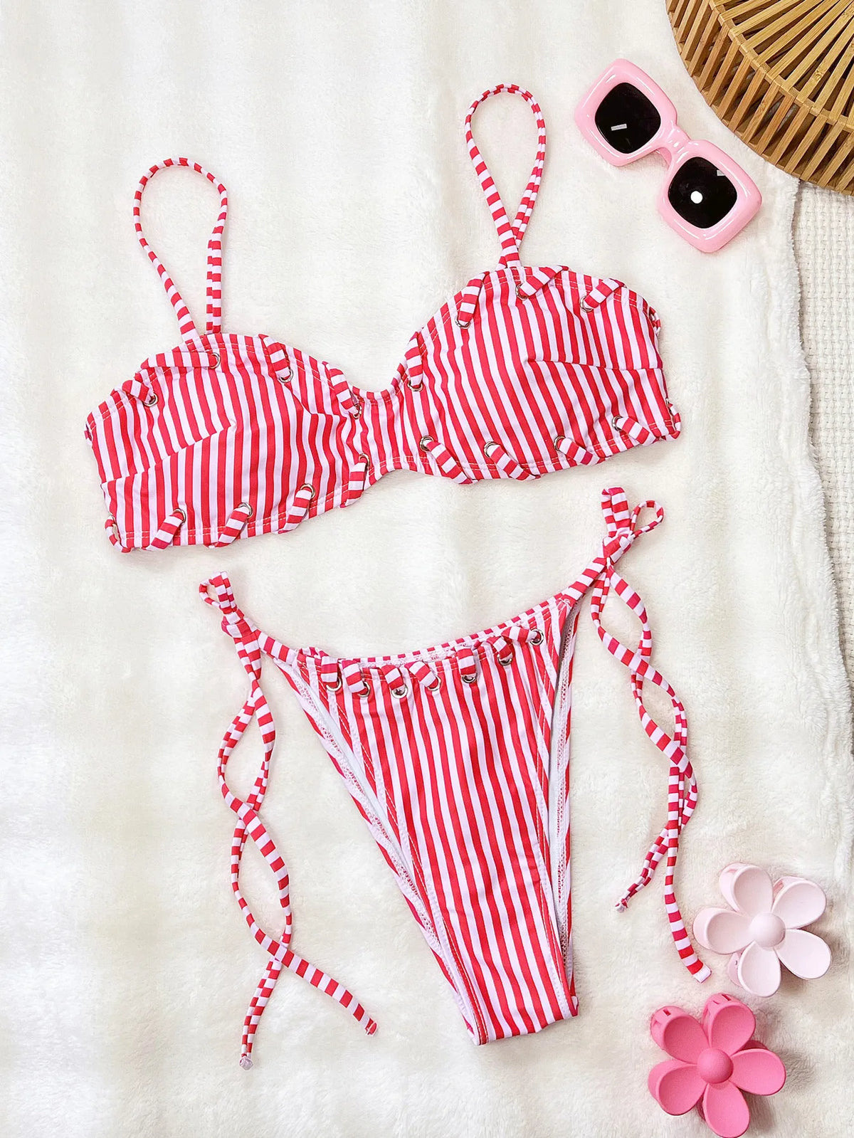 Sexy Pink Stripe Bikini Set Women Halter Braiding Rope Push Up Bra Bandage Thong Swimsuit 2026 Holiday Bathing Suit Swimwear