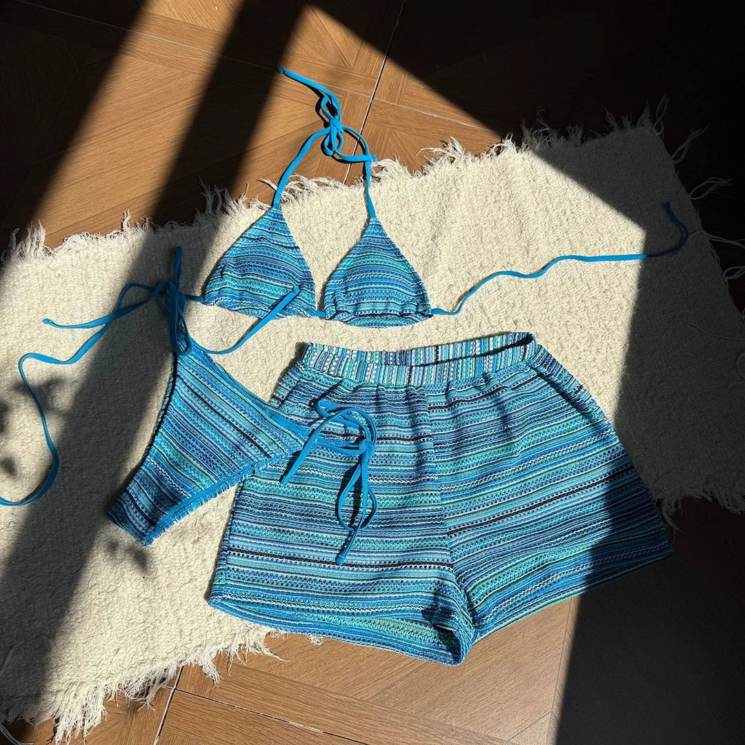 New Sexy Striped Halter Bikini Women Swimwear Three-pieces Bikini set With Shorts Female Swimsuit Bathing Suit Bather Swim V6326